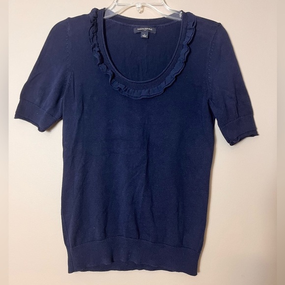Banana Republic Cotton Ruffle Neck Short Sleeve Sweater Navy Size Small Preppy - Picture 2 of 9